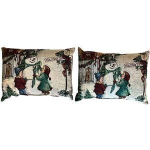 Set of 2 Winter Holiday Tapestry Deco Pillows 10X14 Snowmen & Children Burgundy